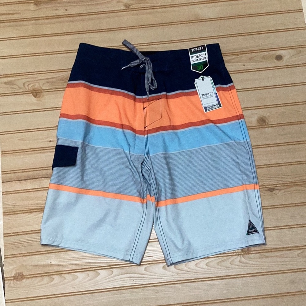 Trinity Navy Orange Stripe Below The Knee Stretch Board Short Swim Trunks NWT 30